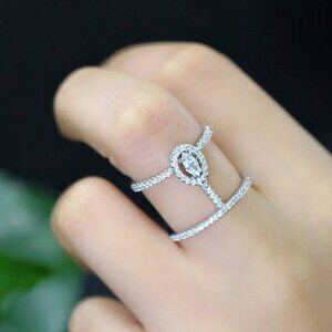Women's Boho White Zirconia Oval Halo Cut Dainty Ring with Pavé Accents